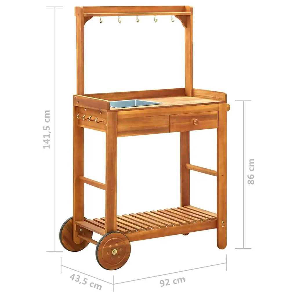 Solid Acacia Wood Garden Kitchen Trolley with Hooks