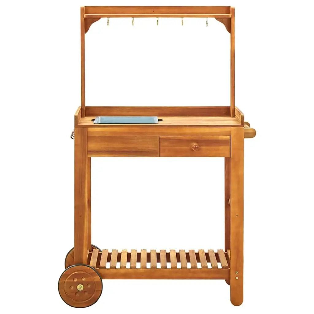 Solid Acacia Wood Garden Kitchen Trolley with Hooks