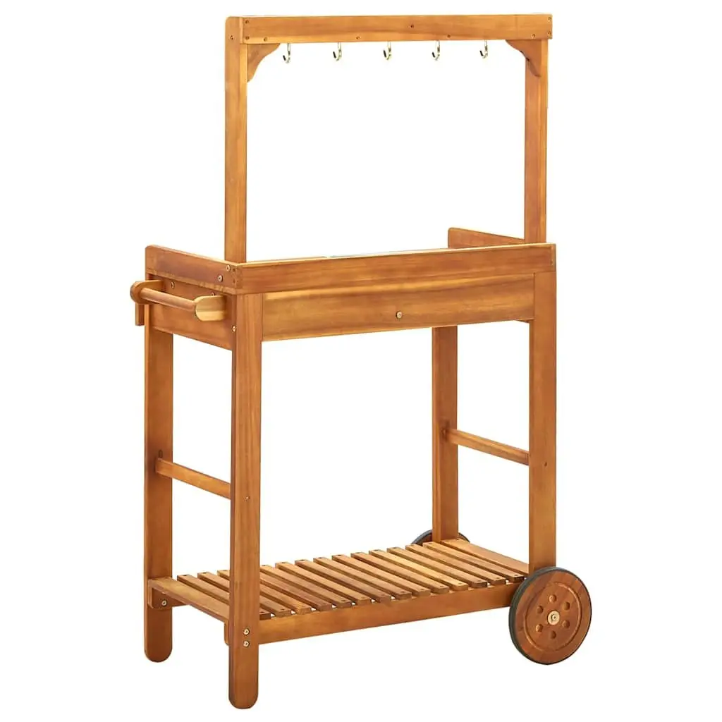 Solid Acacia Wood Garden Kitchen Trolley with Hooks