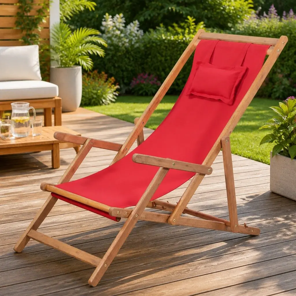 Folding Beach Chair Wooden Frame Weather-resistant Fabric Red