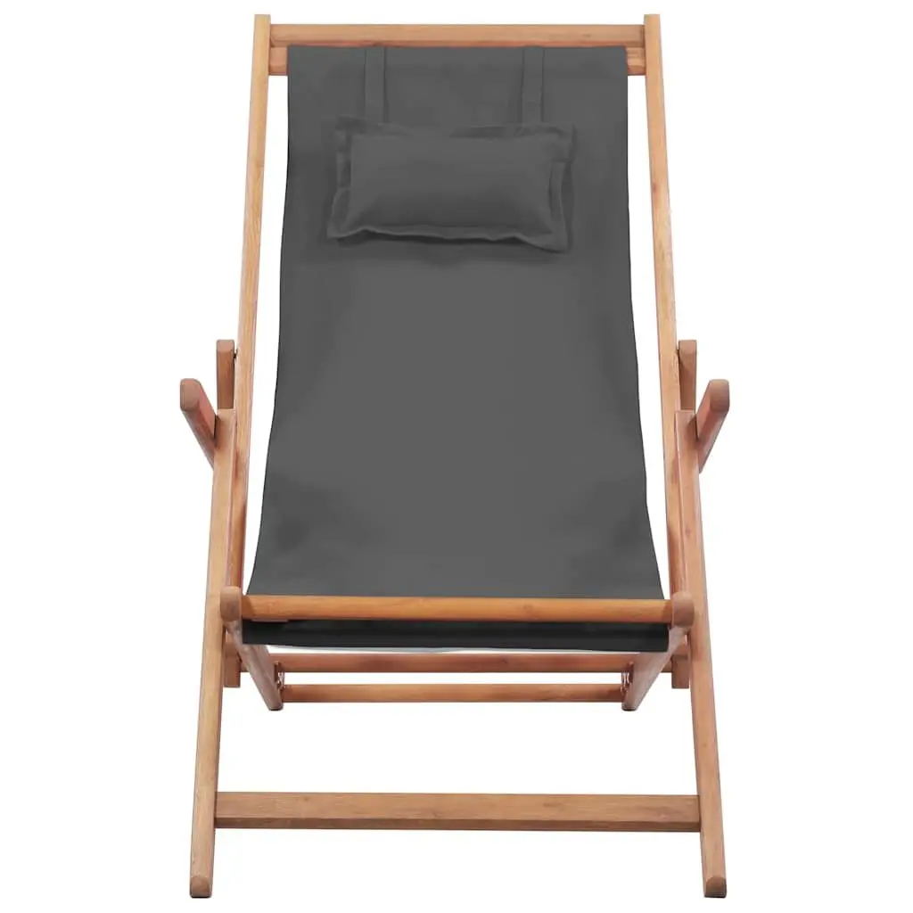 Folding Beach Chair Wooden Frame Grey Weather Resistant Fabric Reclining Outdoor Patio