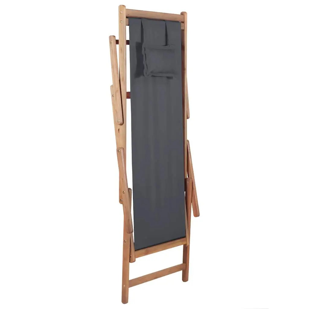 Folding Beach Chair Wooden Frame Grey Weather Resistant Fabric Reclining Outdoor Patio