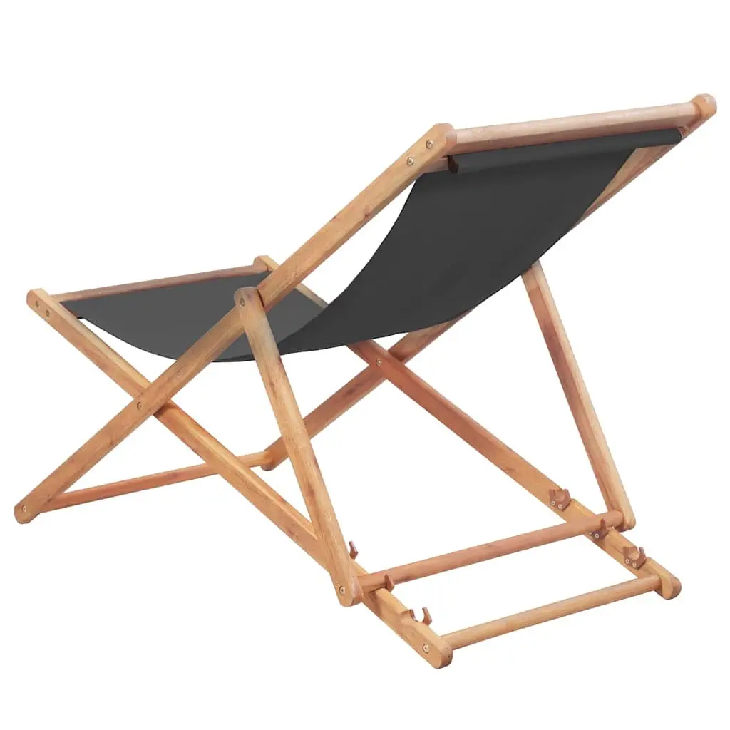 Folding Beach Chair Wooden Frame Grey Reclining Outdoor Garden Patio Seat
