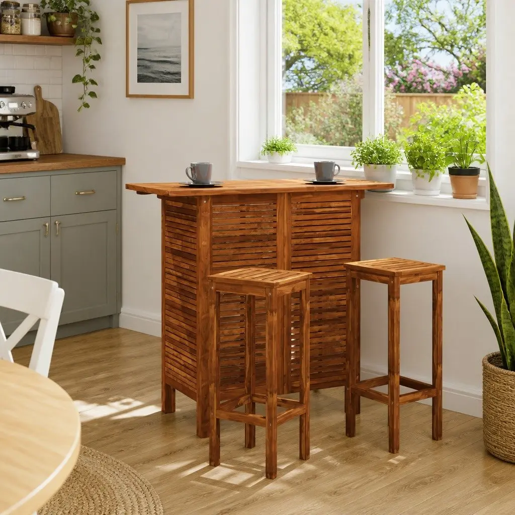 Bar Table and Chair Set Solid Acacia Wood 3 Piece Brown
