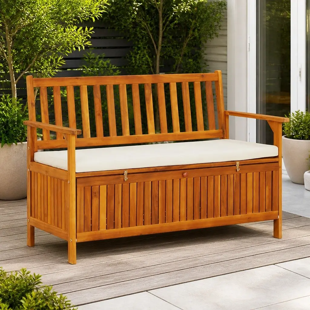 Solid Wood Outdoor Storage Bench with Cushion and Backrest