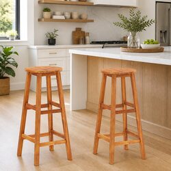 Set of 2 Solid Acacia Wood Bar Stools with Footrests