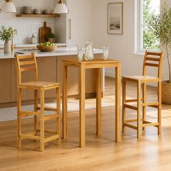 Set of 2 Solid Acacia Wood Bar Chairs with Backrest