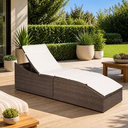Durable Poly Rattan Sun Lounger with Cushion in Brown