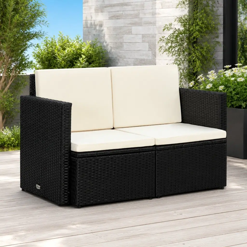2 Seater Sofa Poly Rattan Black with Cushions