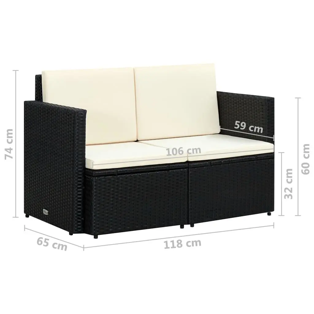 2 Seater Sofa Poly Rattan Black with Cushions