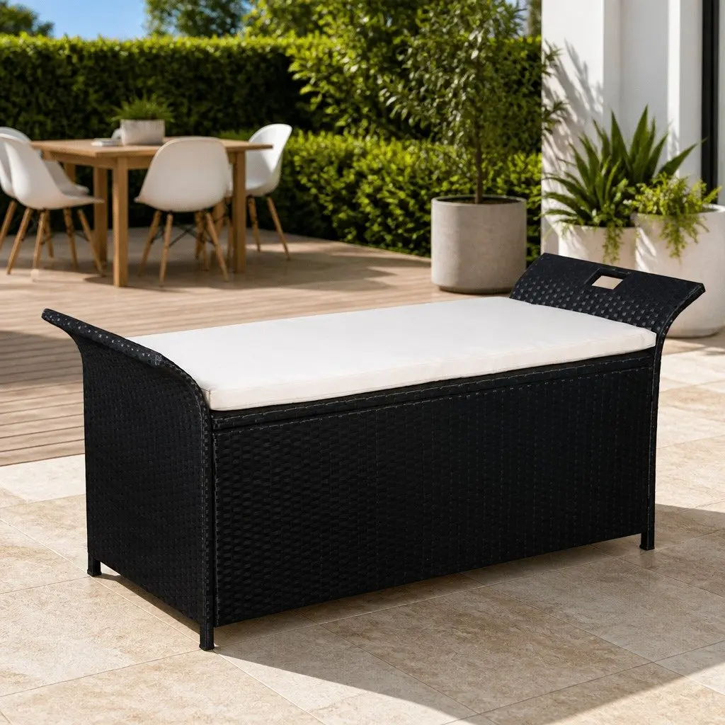Black 138cm Poly Rattan Storage Bench with Cushion