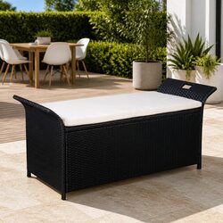 Black 138cm Poly Rattan Storage Bench with Cushion