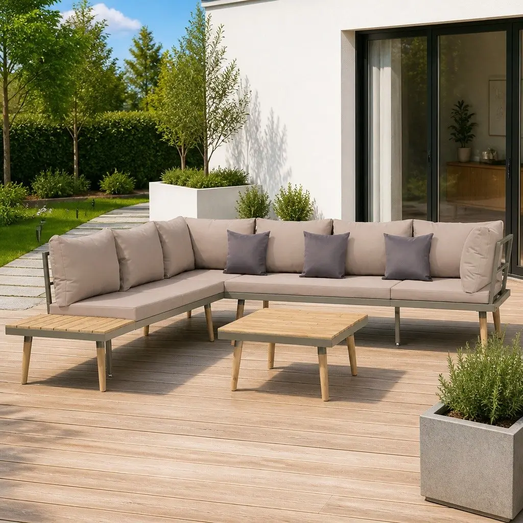4 Piece Garden Lounge Set Solid Acacia Wood Steel Frame Brown