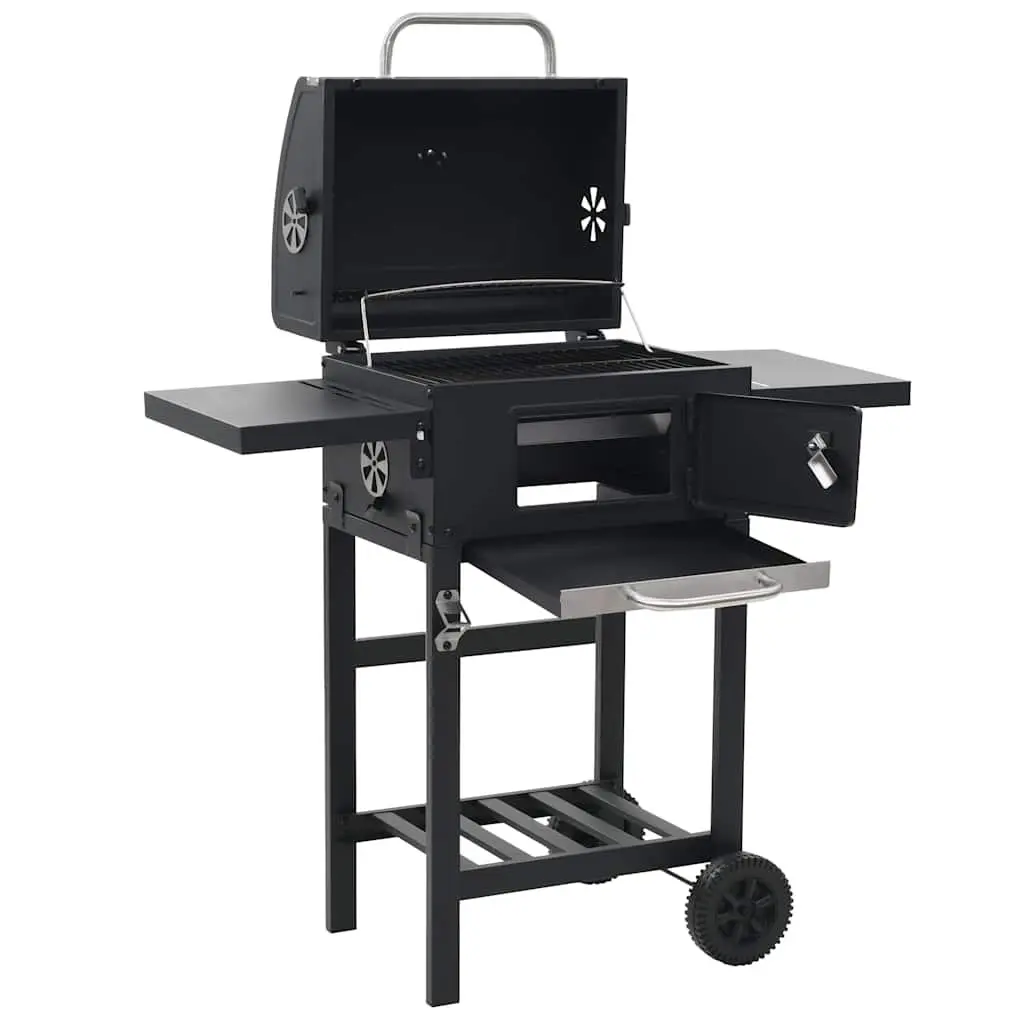 Charcoal BBQ Grill with Bottom Shelf Thermometer Black Outdoor Cooking