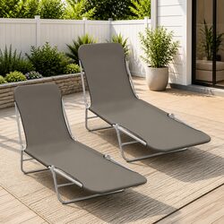 Sun Loungers Folding 2pc Set Garden Beach Chairs Adjustable Backrest Grey