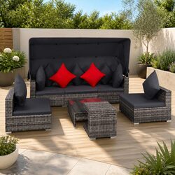 Sturdy 7-Piece Poly Rattan Garden Lounge Set with Canopy