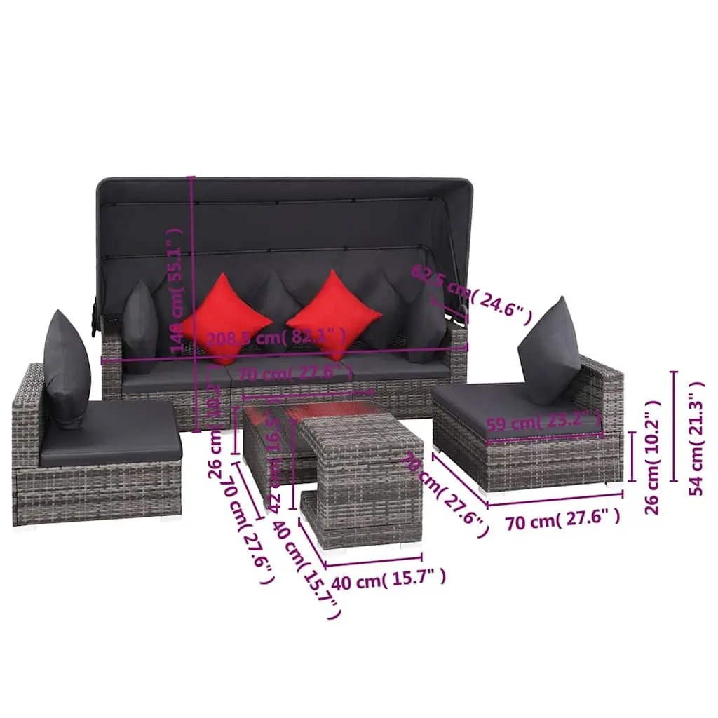 7-Piece Poly Rattan Garden Lounge Set with Canopy