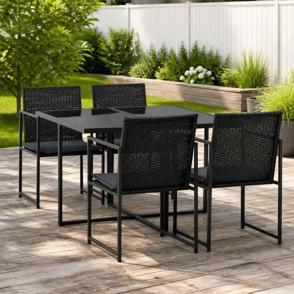 Black Poly Rattan Outdoor Dining Set with Cushions