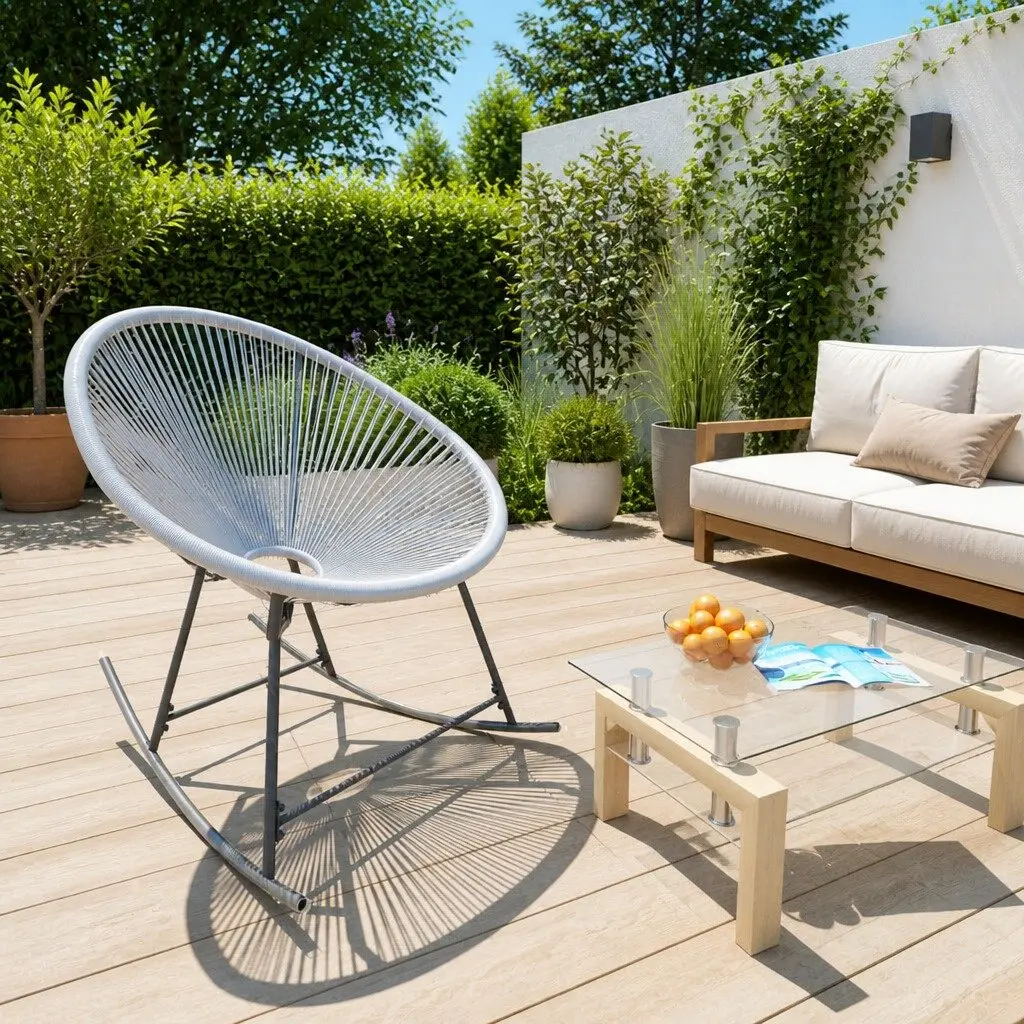 Outdoor Rocking Moon Chair Poly Rattan Grey Steel Frame