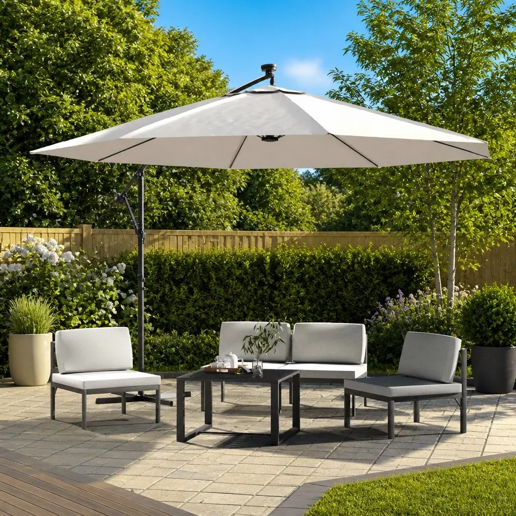 Cantilever Parasol Metal 350cm Beige UV Protective Polyester with Solar LED Lights