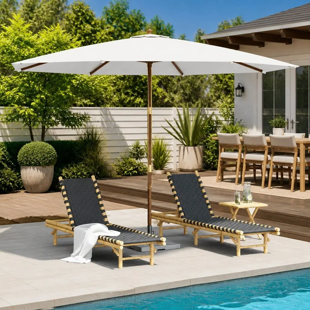 Garden Parasol Polyester 350cm White Wooden Pole Outdoor Sun Shade Umbrella