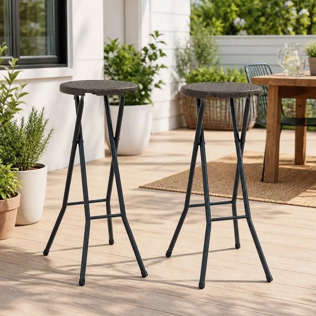 Folding Bar Stools HDPE Steel 2 pcs Brown Rattan Look Outdoor Seating Garden Patio Chairs