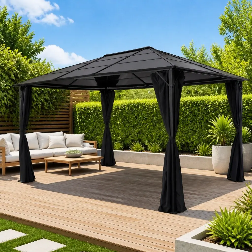 Black Gazebo with Curtains for Outdoor Use