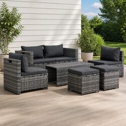 Durable 6-Piece Grey Poly Rattan Garden Lounge Set