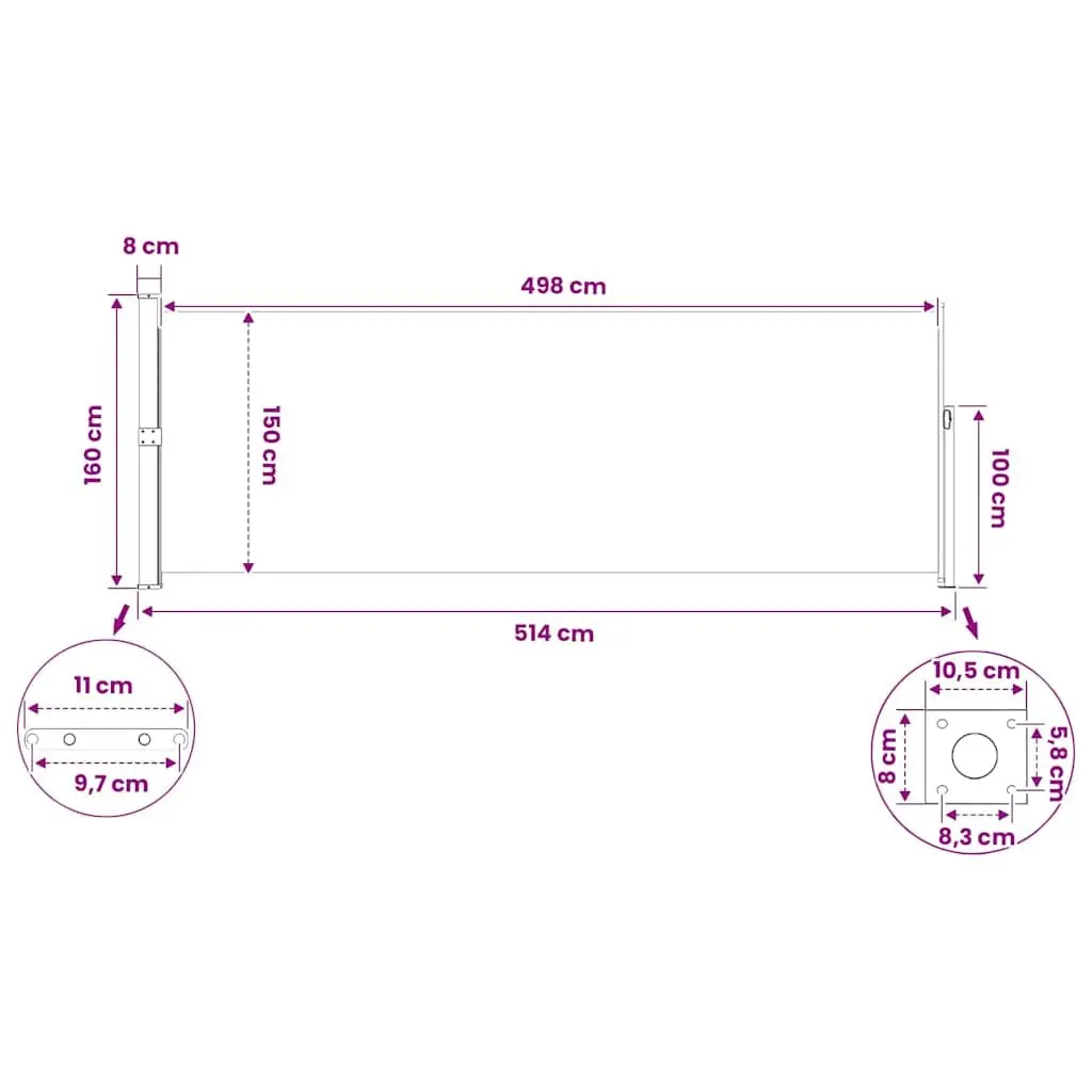 Grey Retractable Side Awning 160x500cm