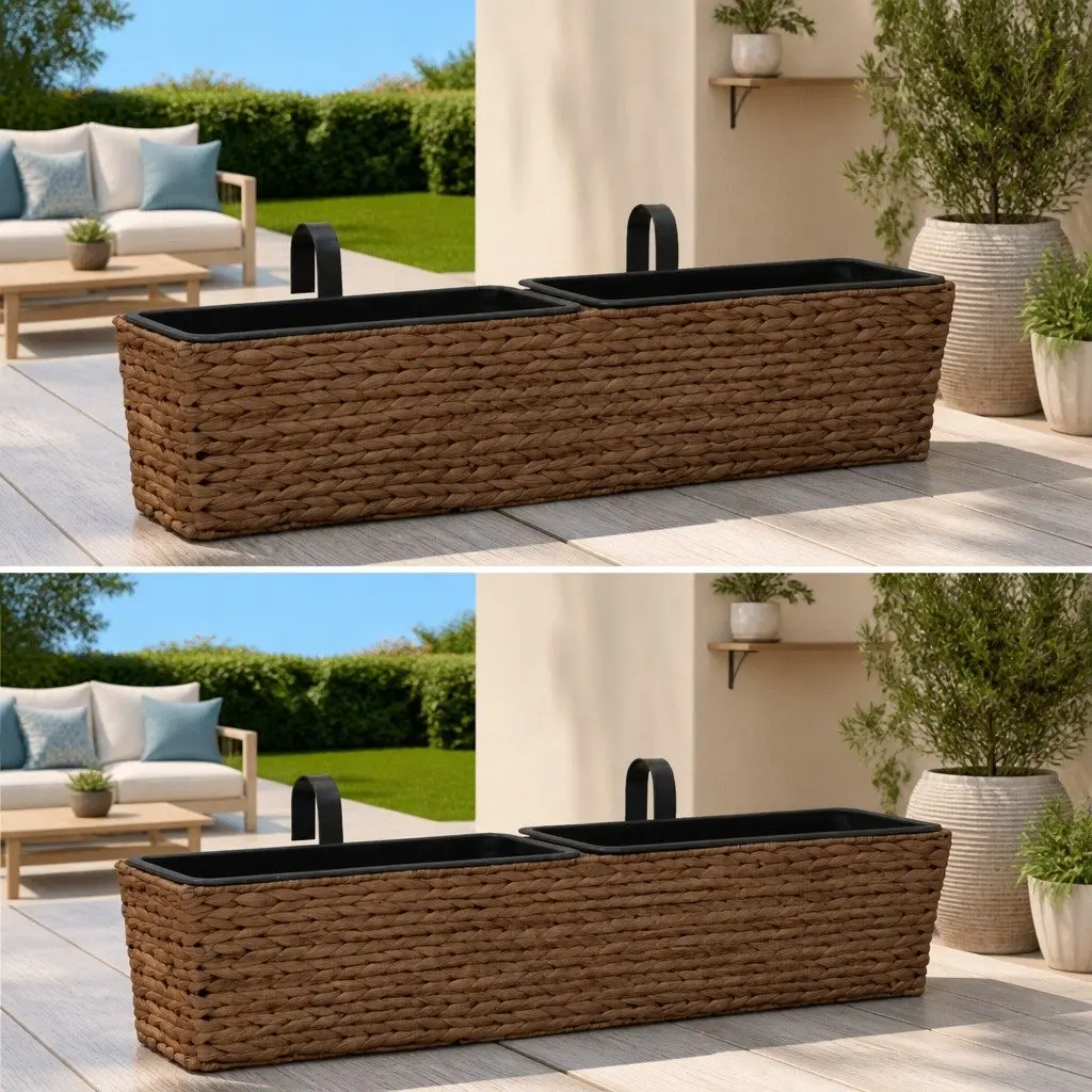 Indoor Plant Pots Brown 2 Piece Water Hyacinth Durable Woven Containers with Metal Holders for Gardening and Flower Display