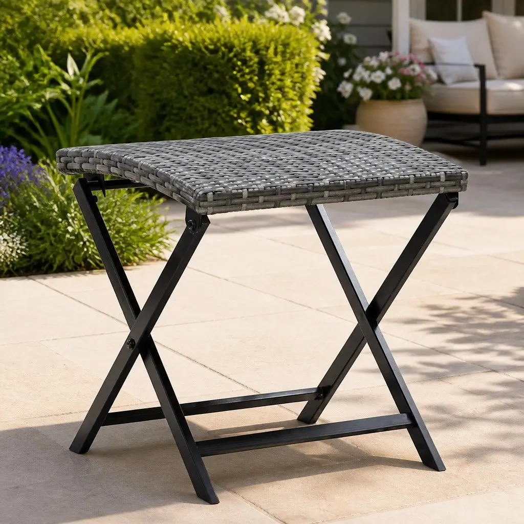 Portable Grey Rattan Folding Stool for Outdoor Use
