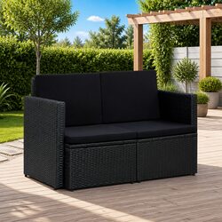 Durable 2 Seater Outdoor Garden Sofa in Black Poly Rattan