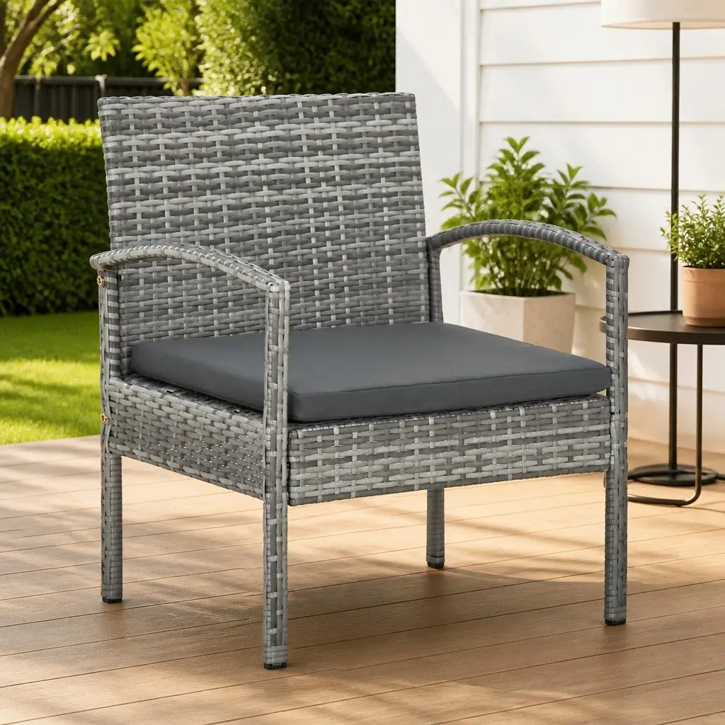Outdoor Garden Chair Grey PE Rattan Powder Coated Steel Armchair with Padded Seat Cushion