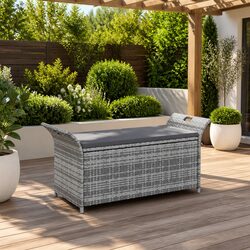 Premium Grey Garden Rattan Storage Bench with Cushion