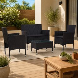 Black 4 Piece Outdoor Rattan Lounge Set with Cushions