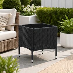Outdoor Garden Table with Glass Top - Black Rattan Style