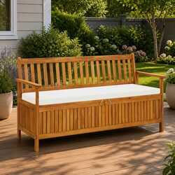 Brown Acacia Wood Outdoor Storage Bench with Cushion 148cm