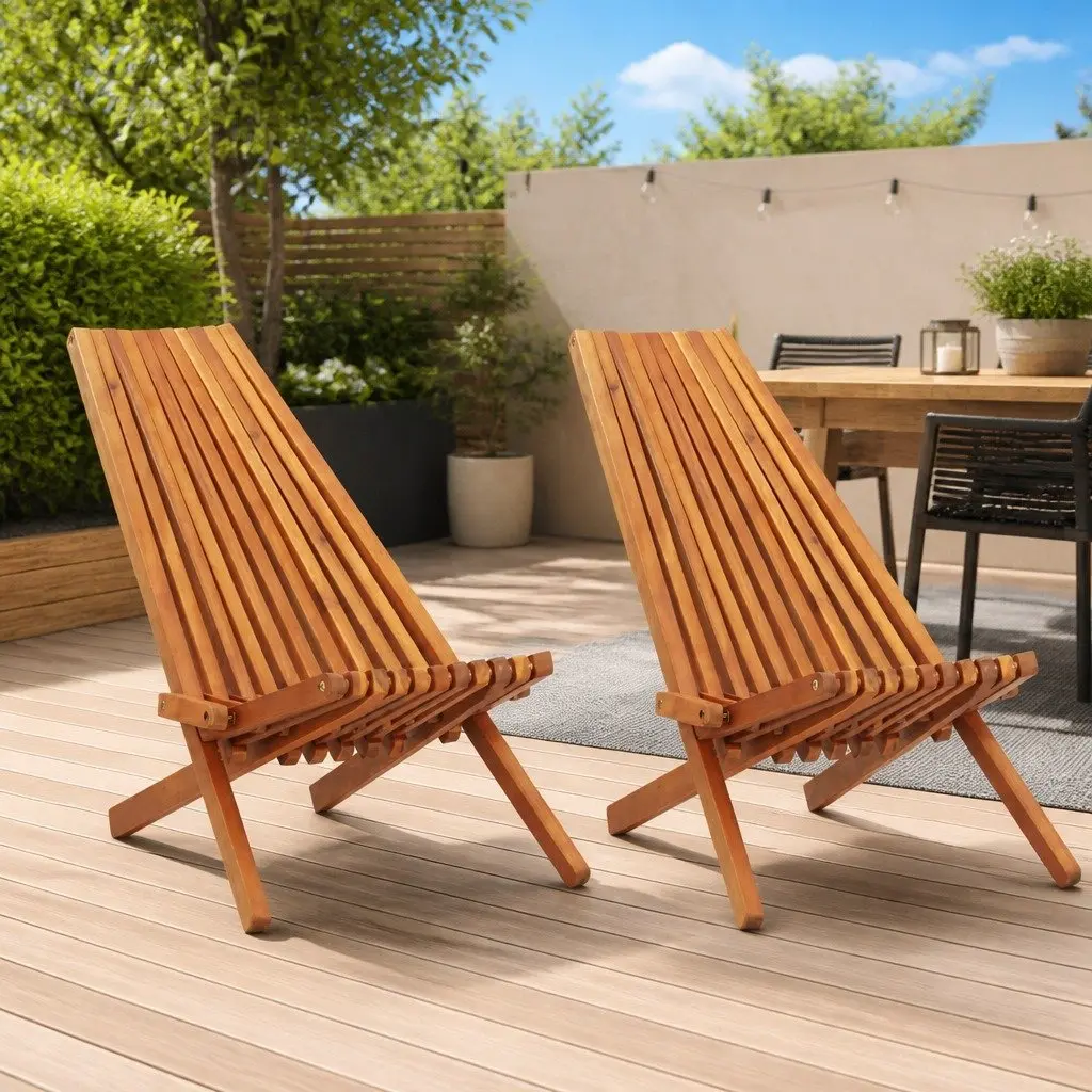 Acacia Wood Folding Lounge Chairs Set of 2