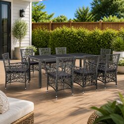 9-Piece Grey Poly Rattan Dining Set for Outdoor Spaces