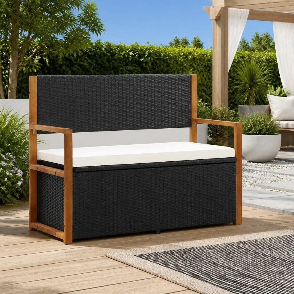 Black Poly Rattan Outdoor Storage Bench 115cm