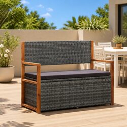Grey Outdoor Storage Bench 115cm Acacia Wood and Rattan