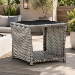 Stylish Grey Poly Rattan Coffee Table with Glass Top