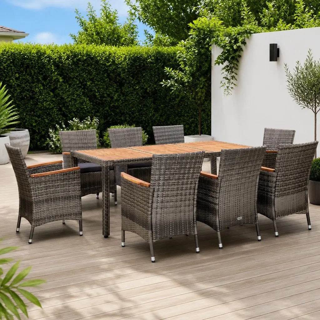 9 Piece Grey Garden Dining Set with Cushions