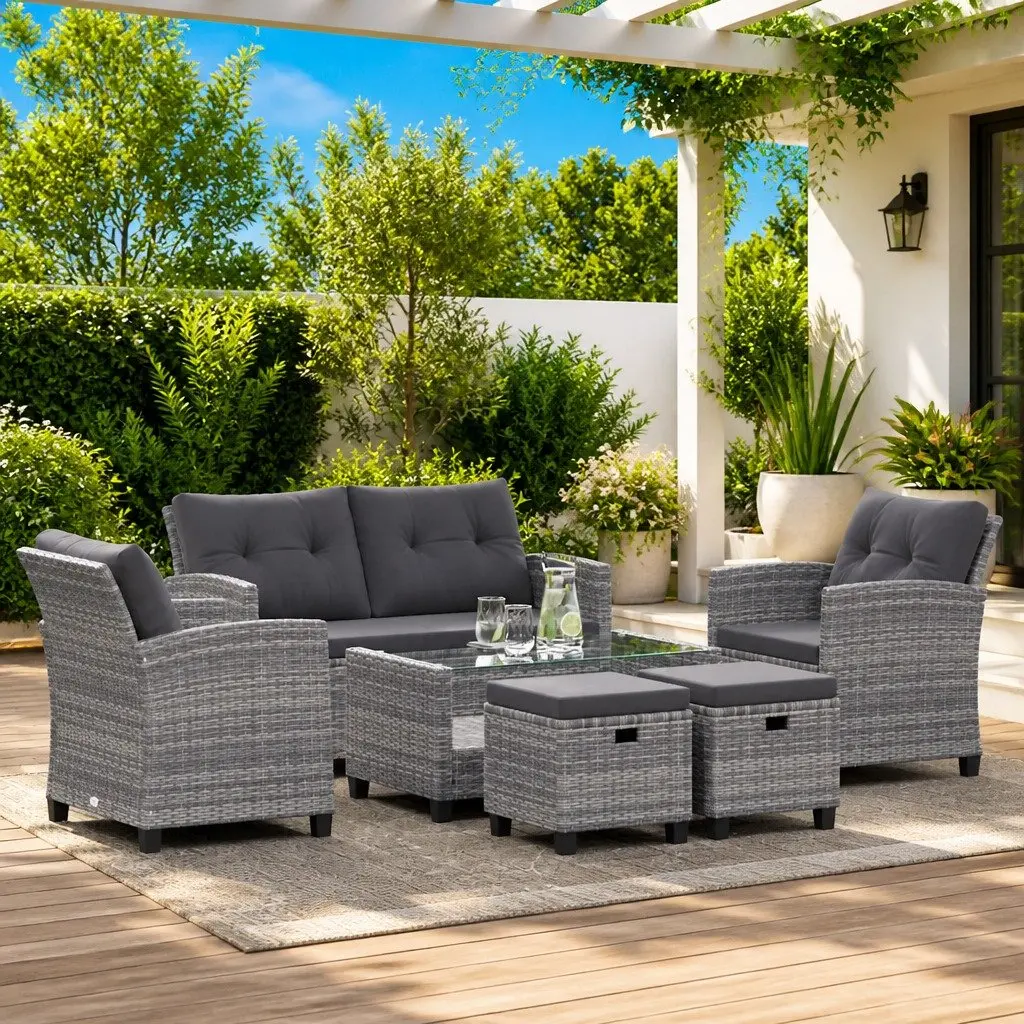 6-Piece Grey Poly Rattan Outdoor Garden Sofa Set