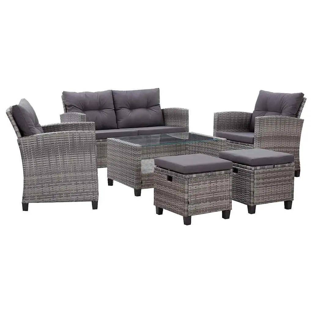 6-Piece Grey Poly Rattan Outdoor Garden Sofa Set