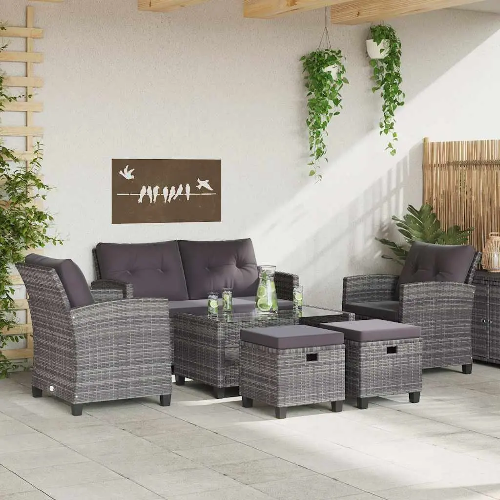 6-Piece Grey Poly Rattan Outdoor Garden Sofa Set
