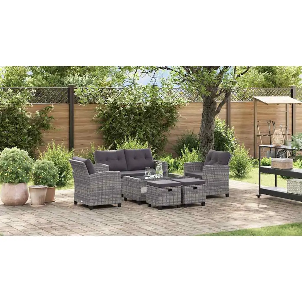 6-Piece Grey Poly Rattan Outdoor Garden Sofa Set