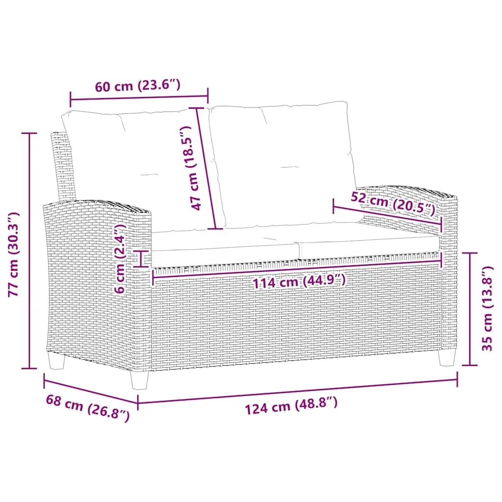 2-Seater Sofa Poly Rattan 124cm Black Outdoor Garden with Cushions