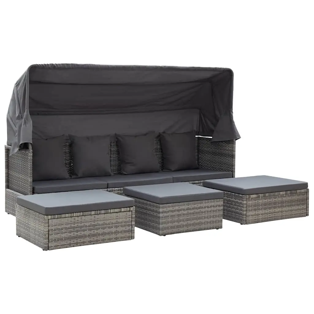 Garden Lounge Bed PE Rattan Grey Outdoor Daybed with Roof