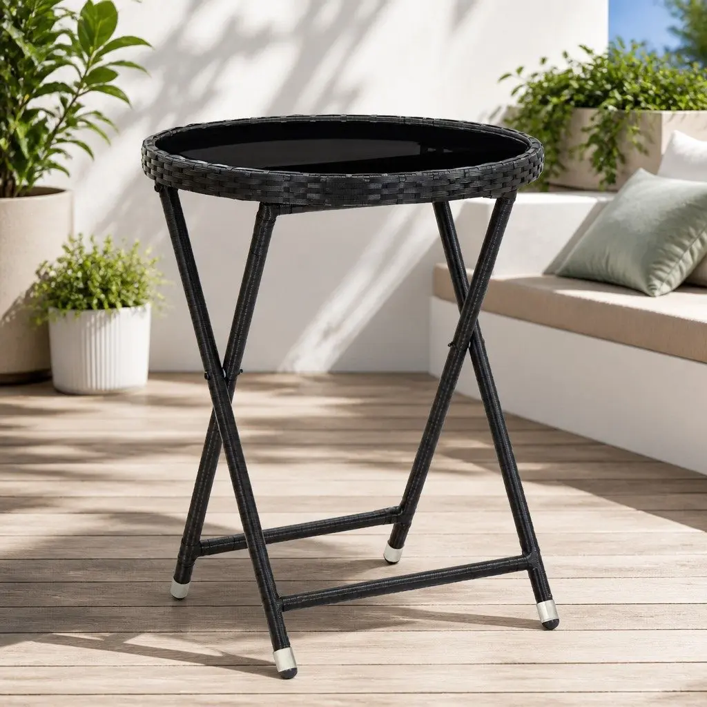 Outdoor Tea Table Black PE Rattan Tempered Glass 60cm Folding
